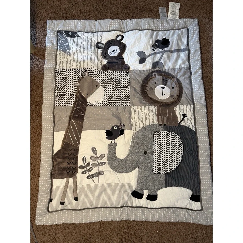 Lambs & Ivy Safari Adventure Jungle Crib Quilt Gray Embroidered Cotton Polyester